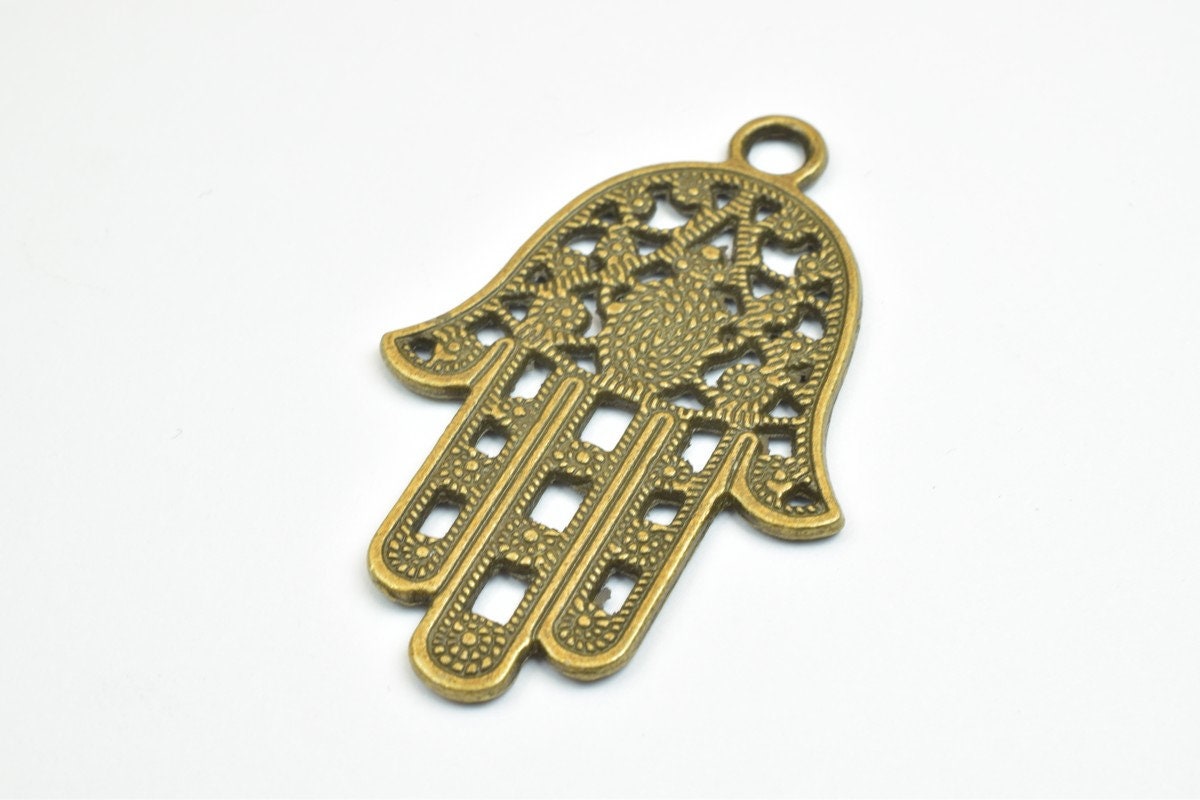 4 PCs Hamsa Hand Charm Beads Antique Green Size 43x28mm Decorative Design Metal Beads  4mm JumpRing Opening for Jewelry Ma...