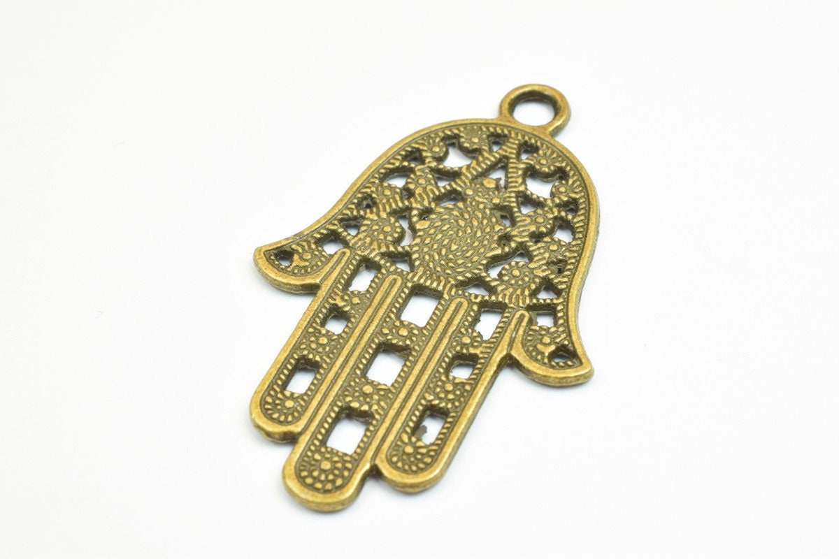4 PCs Hamsa Hand Charm Beads Antique Green Size 43x28mm Decorative Design Metal Beads  4mm JumpRing Opening for Jewelry Ma...