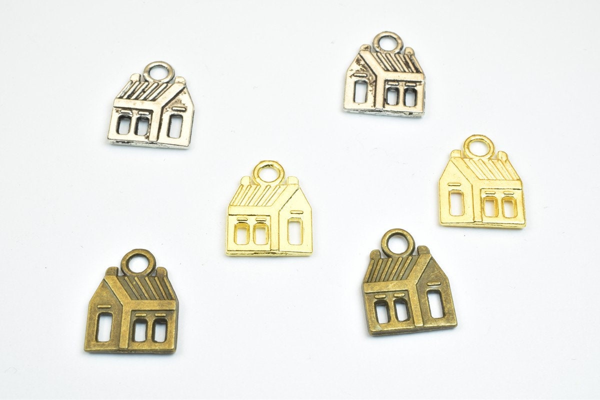 10 PCs House Charm Gold/Antique Silver/Antique Green Alloy Charm Size 17x13.5mm Decorative Design Beads 3mm JumpRing Size...