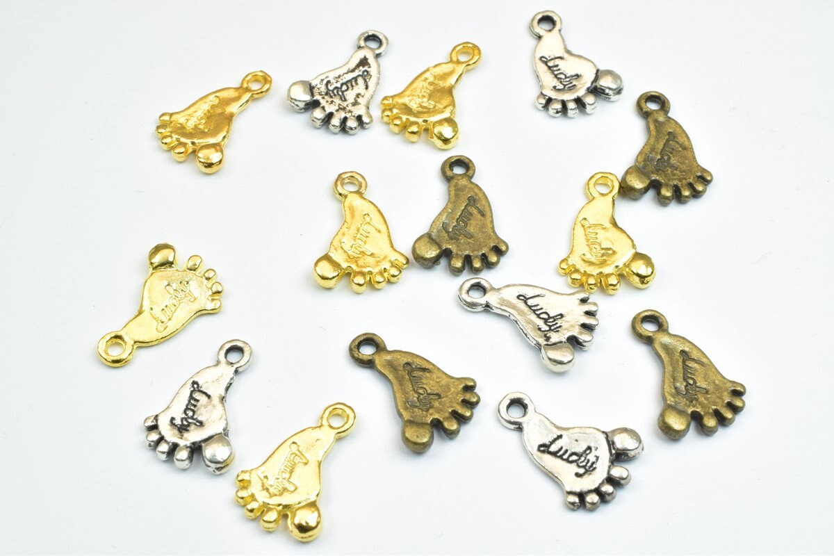 18 PCs Lucky Foot Alloy Charm Gold/Antique Silver/Antique Green Beads Size 16x11mm JumpRing Size 1.5mm Decorative Design J...