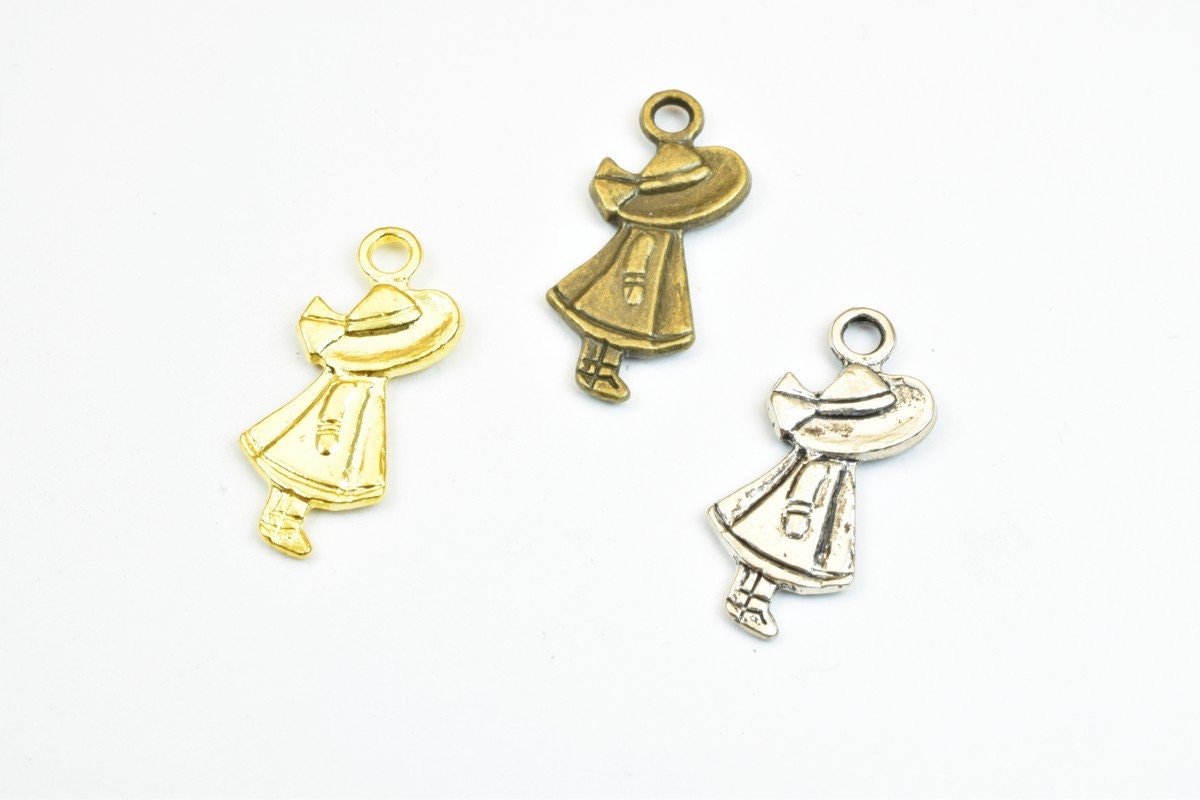 10 PCs Girl Charm Pendants Bronze/Gold/Silver Beads Base Metal Alloy Pendant Size 25x11mm Jump Ring Size 2.5mm For Jewelry...