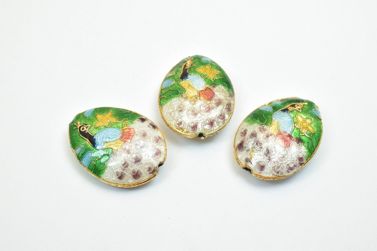3 PCs Peacock Oval Cloisonne Pendant Beads Size 25x18mm Thickness 5mm Hole Size 1mm Enamel Design Sweater Chain Charm For...