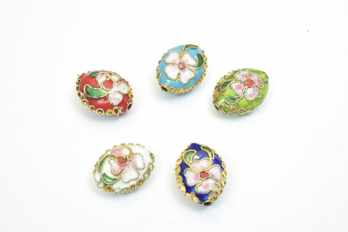 5PCs Mixed Flower Oval Cloisonne Pendant Beads Size 15x12mm Thickness 7mm Hole Size 1mm Enamel Design Sweater Chain Charm...