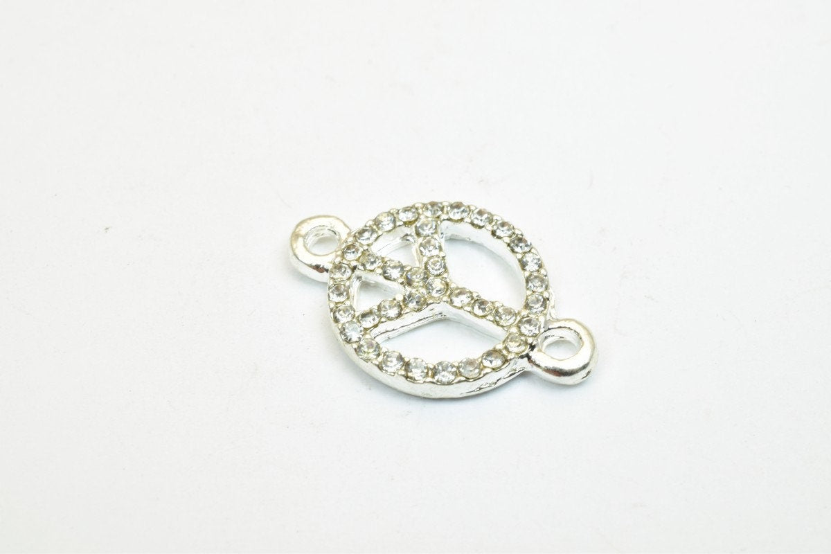 4 PCs Peace Sign Rhinestone Connector Charm Pave Beads Findings Size 19.5x12.5mm Thickness 2.5mm 2 Jump Rings 1mm For Jewe...