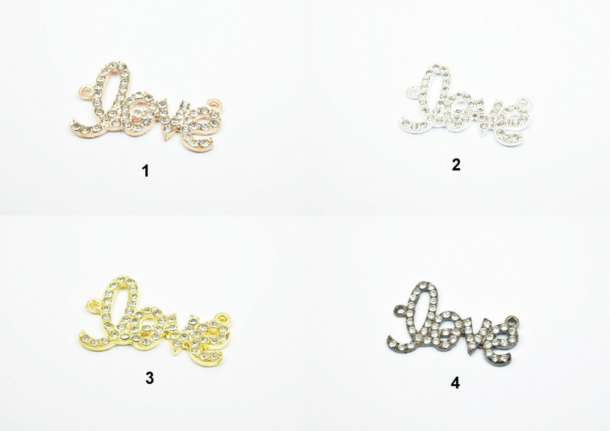 4 PCs Love Rhinestone Connector Pendant Charm Pave Beads Finding Size 23x35mm Thickness 2.5mm 2 Jump Rings 1mm For Jewelry...