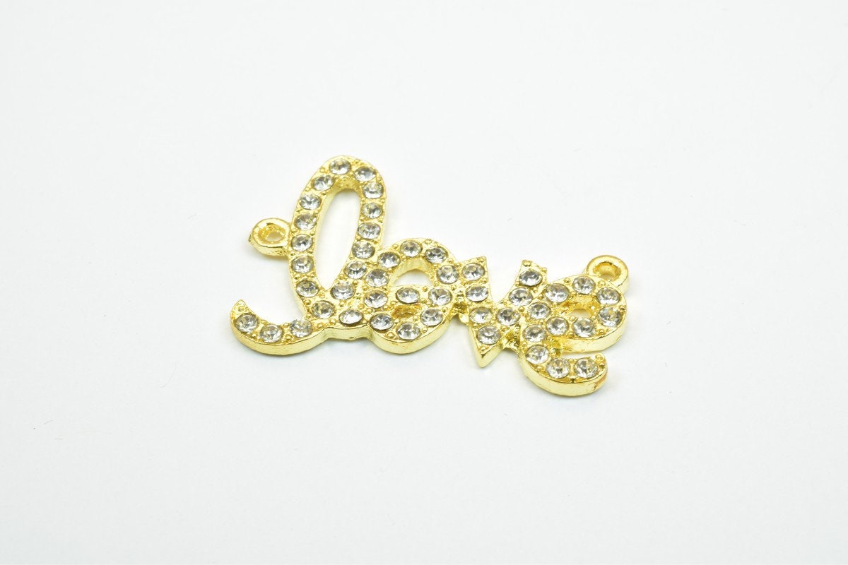 4 PCs Love Rhinestone Connector Pendant Charm Pave Beads Finding Size 23x35mm Thickness 2.5mm 2 Jump Rings 1mm For Jewelry...