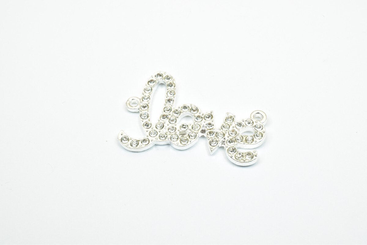4 PCs Love Rhinestone Connector Pendant Charm Pave Beads Finding Size 23x35mm Thickness 2.5mm 2 Jump Rings 1mm For Jewelry...