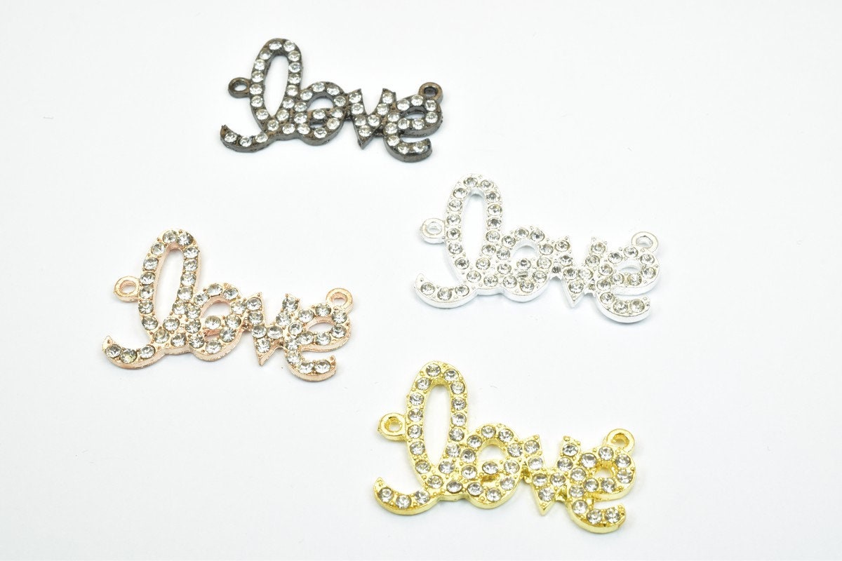 4 PCs Love Rhinestone Connector Pendant Charm Pave Beads Finding Size 23x35mm Thickness 2.5mm 2 Jump Rings 1mm For Jewelry...