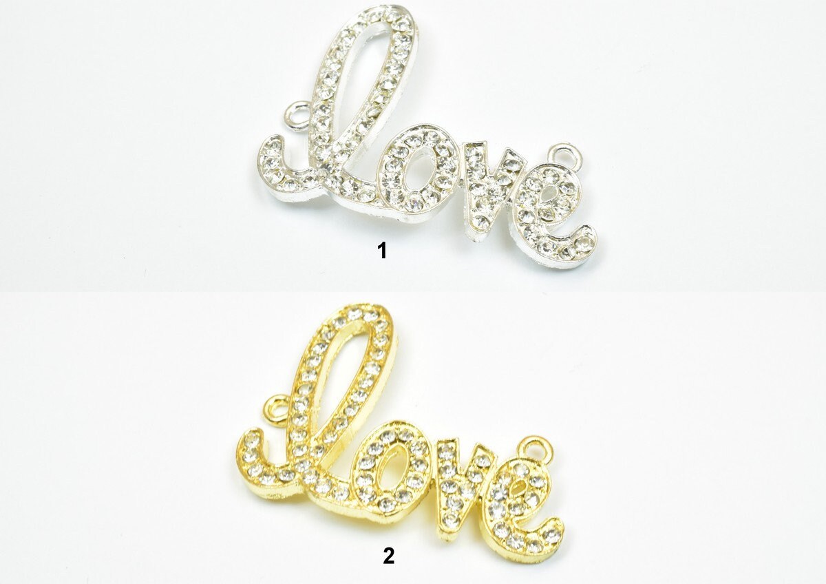 2 PCs Love Rhinestone Connector Pendant Charm Pave Beads Finding Size 33x42mm Thickness 3mm 2 Jump Rings 2mm For Jewelry M...