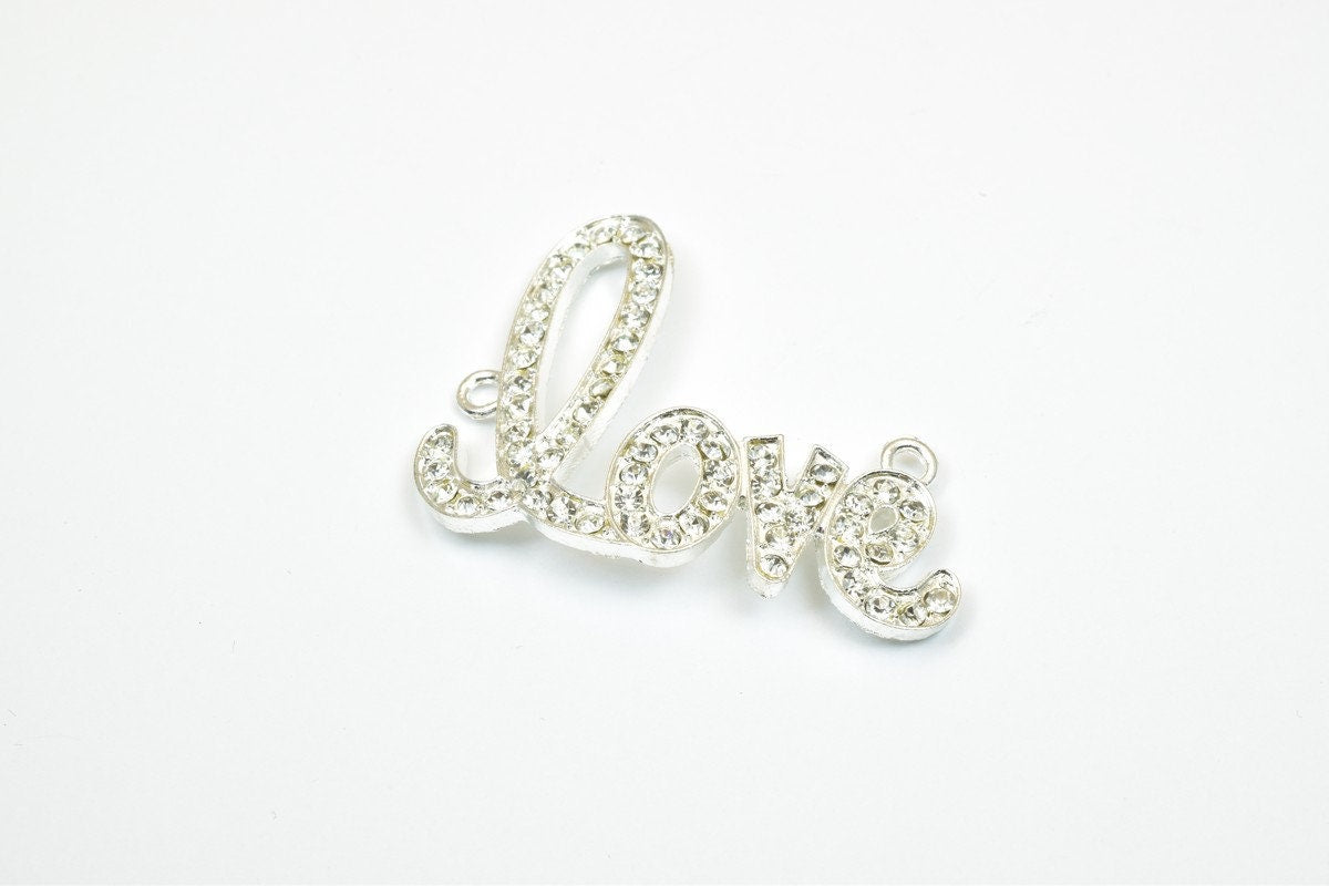 2 PCs Love Rhinestone Connector Pendant Charm Pave Beads Finding Size 33x42mm Thickness 3mm 2 Jump Rings 2mm For Jewelry M...