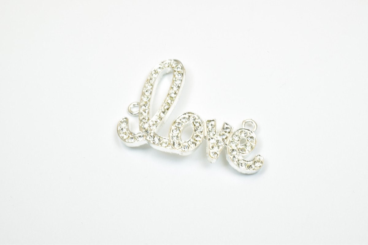 2 PCs Love Rhinestone Connector Pendant Charm Pave Beads Finding Size 33x42mm Thickness 3mm 2 Jump Rings 2mm For Jewelry M...