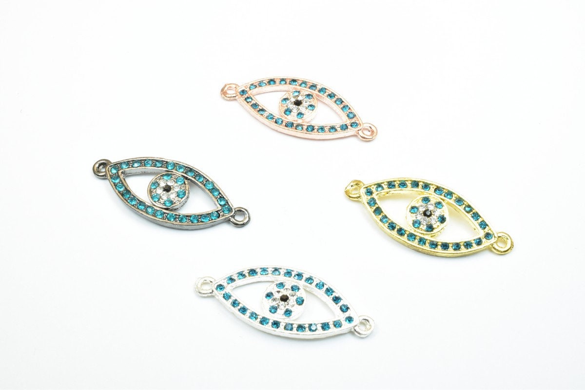 2 PCs Evil Eye Pave Crystal Rhinestone Spacer Connector Beads Size 38x15mm 2 Jump Rings Size 1mm Thickness 3mm Charm Penda...