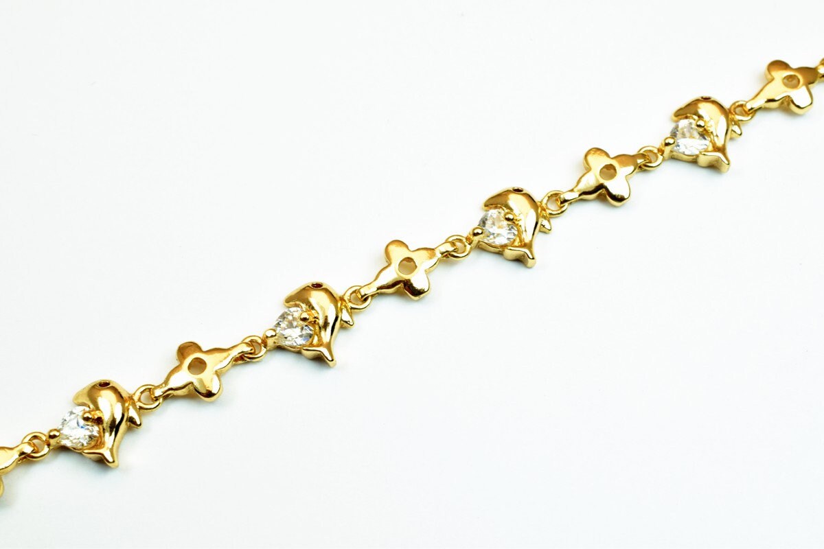 18KGF Gold Filled Chain With Cubic Zirconia Rhinestone Clear Stone Length 6.50" Inch 9mm Width finding for gold filled jew...