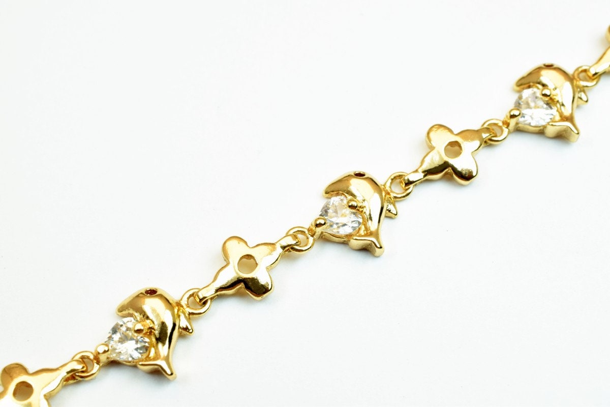 18KGF Gold Filled Chain With Cubic Zirconia Rhinestone Clear Stone Length 6.50" Inch 9mm Width finding for gold filled jew...