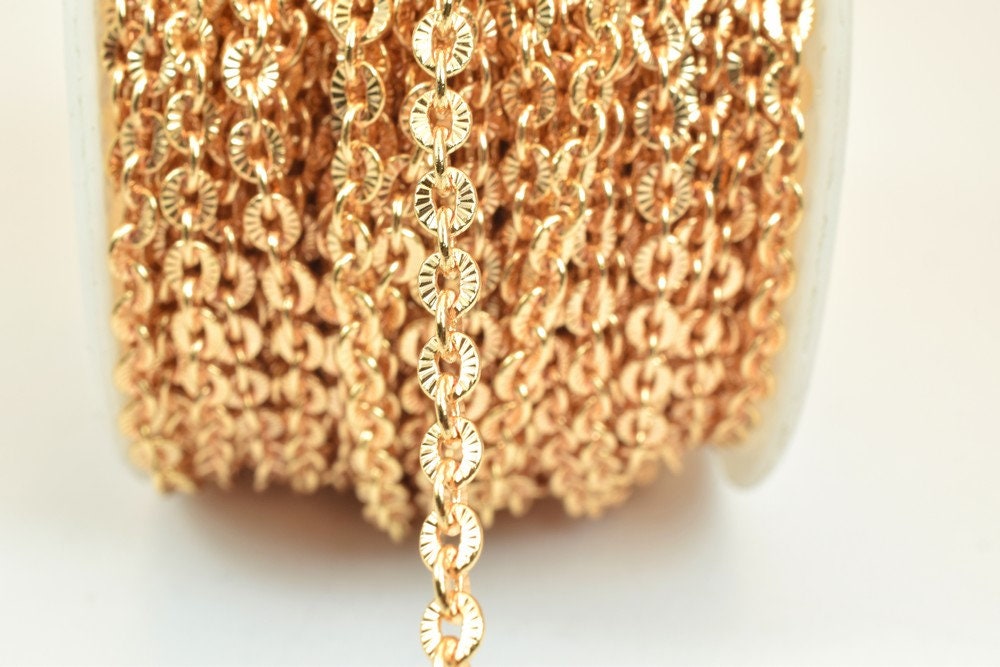 18K Pinky Gold Filled EP Flat Link Cable Chain/Diamond Cut Chain Width 3.5mm Thickness 1mm Finding for Jewelry Making Sold...