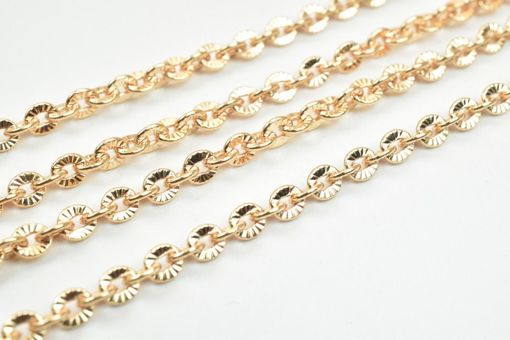 18K Pinky Gold Filled EP Flat Link Cable Chain/Diamond Cut Chain Width 3.5mm Thickness 1mm Finding for Jewelry Making Sold...