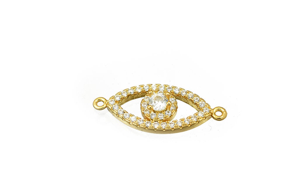 14K Gold Filled Evil Eye Rhinestone Connector  Size 25x10mm Micro Pave Beads Charm with Clear CZ Cubic Zirconia  GFM31A je...