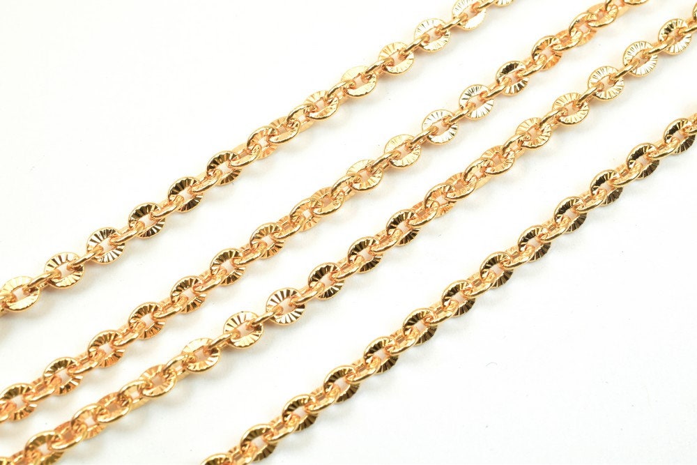 18K Pinky Gold Filled EP Flat Link Cable Chain/Diamond Cut Chain Width 3.5mm Thickness 1mm Finding for Jewelry Making Sold...