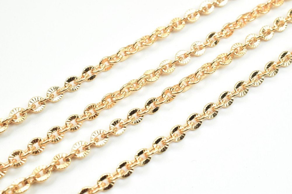 18K Pinky Gold Filled EP Flat Link Cable Chain/Diamond Cut Chain Width 3.5mm Thickness 1mm Finding for Jewelry Making Sold...