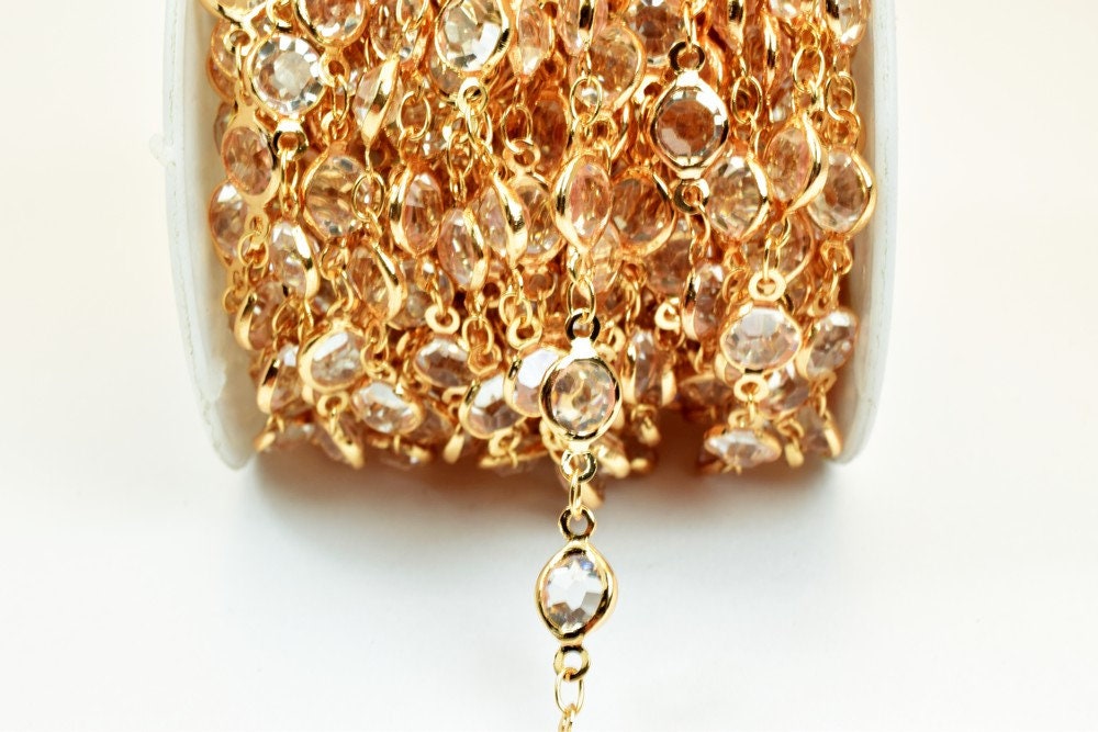 18K Pinky Gold Filled Chain With Rhinestone Width 7mm Thickness 3mm Gold Filled finding for Gold Filled Jewelry Making Sol...