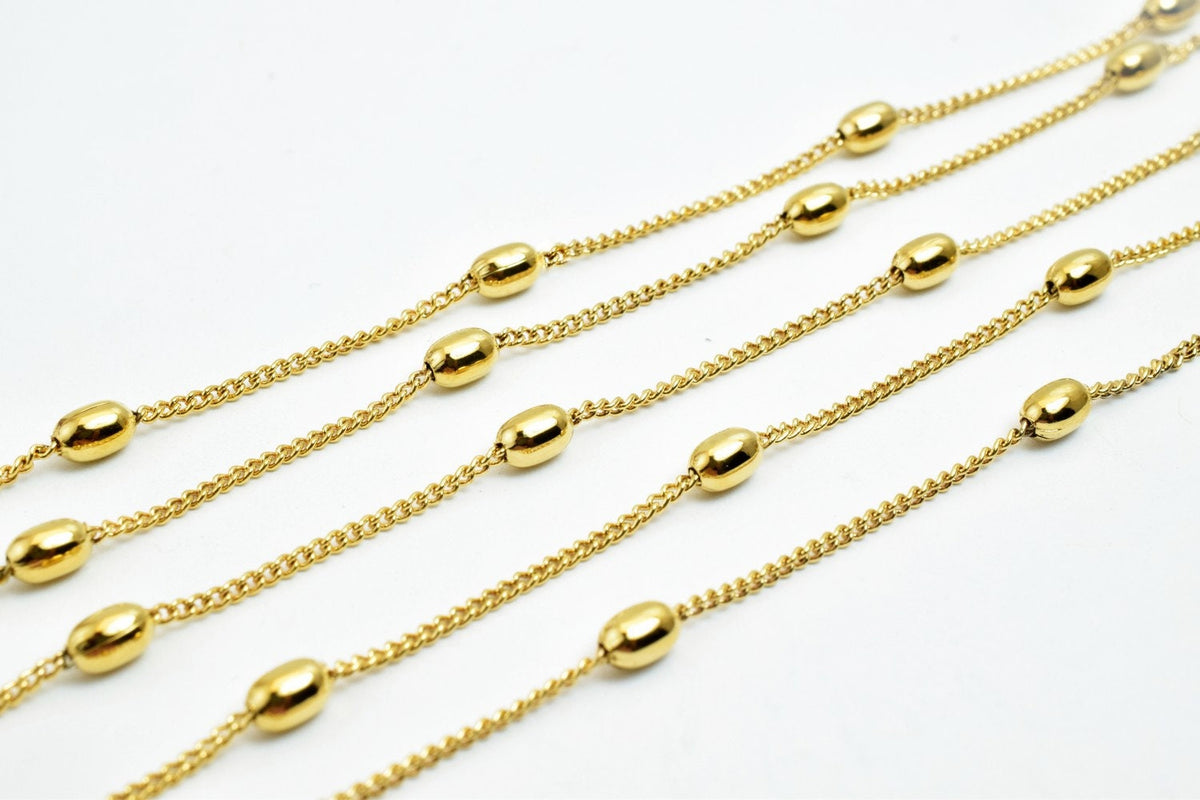 18K Gold Chain Curb With Oval Bead: Electroplated Jewelry Supply, Tarnish Resistant (3mm Width, Copper Base)