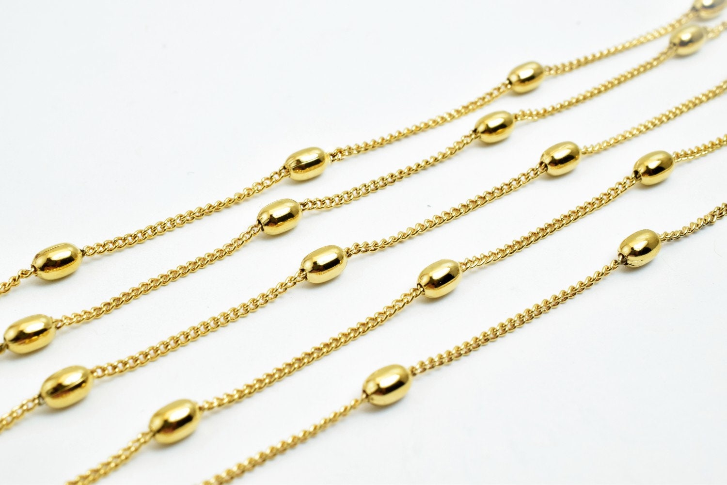 18K Gold Chain Curb With Oval Bead: Electroplated Jewelry Supply, Tarnish Resistant (3mm Width, Copper Base)