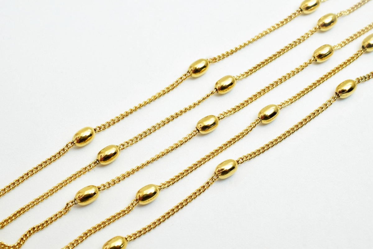 18K Gold Chain Curb With Oval Bead: Electroplated Jewelry Supply, Tarnish Resistant (3mm Width, Copper Base)