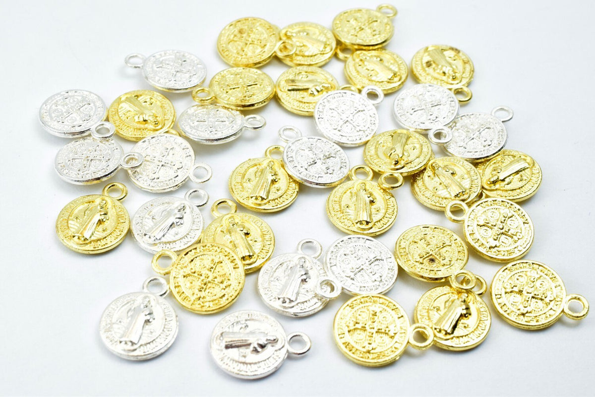 50PCs Saint Benedict Catholic Religious Medallions Charms San Benito Size 12.5x10mm Silver/Gold Rosary Benediction Charms...