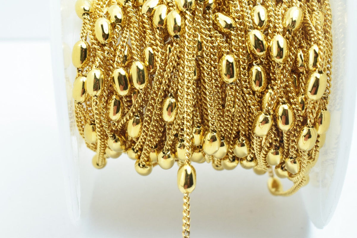 18K Gold Chain Curb With Oval Bead: Electroplated Jewelry Supply, Tarnish Resistant (3mm Width, Copper Base)