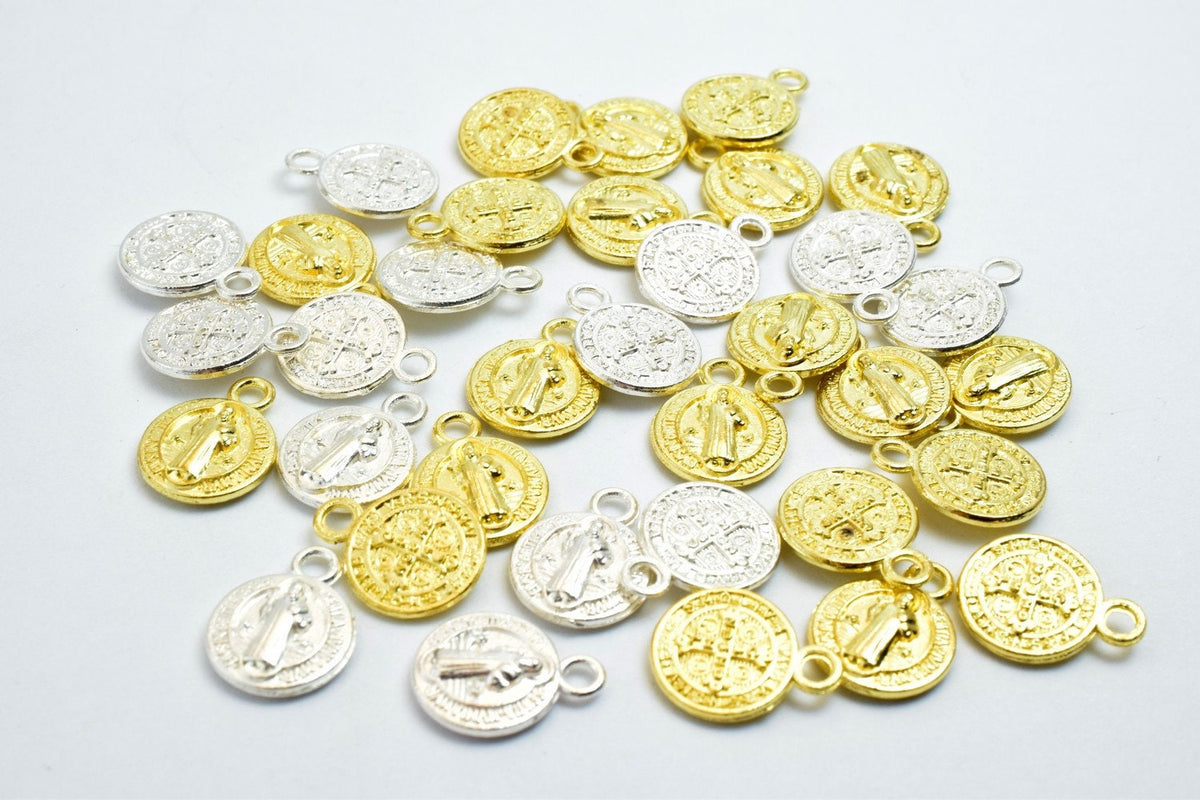 50PCs Saint Benedict Catholic Religious Medallions Charms San Benito Size 12.5x10mm Silver/Gold Rosary Benediction Charms...