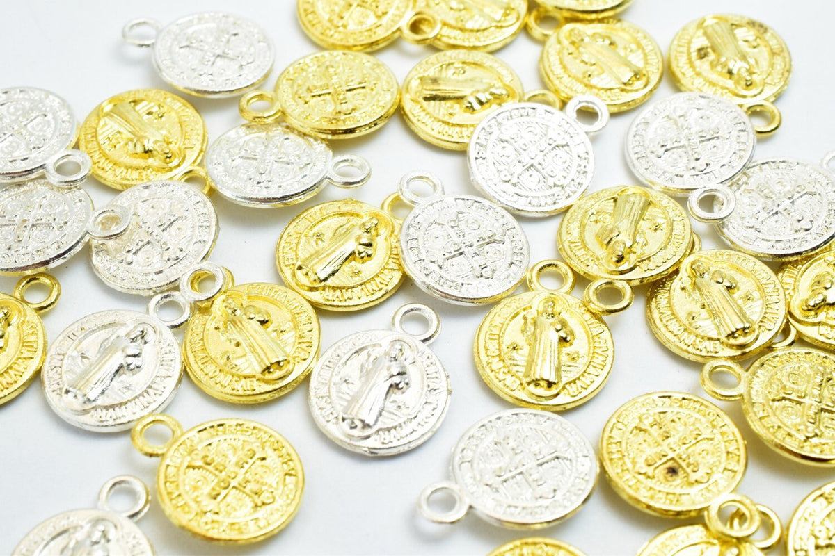 50PCs Saint Benedict Catholic Religious Medallions Charms San Benito Size 12.5x10mm Silver/Gold Rosary Benediction Charms...