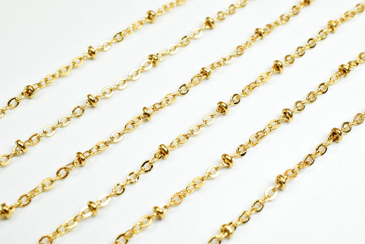Satellite Chain Gold Filled 18K Electroplated: 2.2mm Roundel Beaded Cable, Copper Base | Skin Friendly, Wholesale by Foot