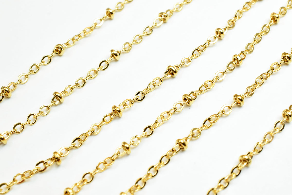 Satellite Chain Gold Filled 18K Electroplated: 2.2mm Roundel Beaded Cable, Copper Base | Skin Friendly, Wholesale by Foot