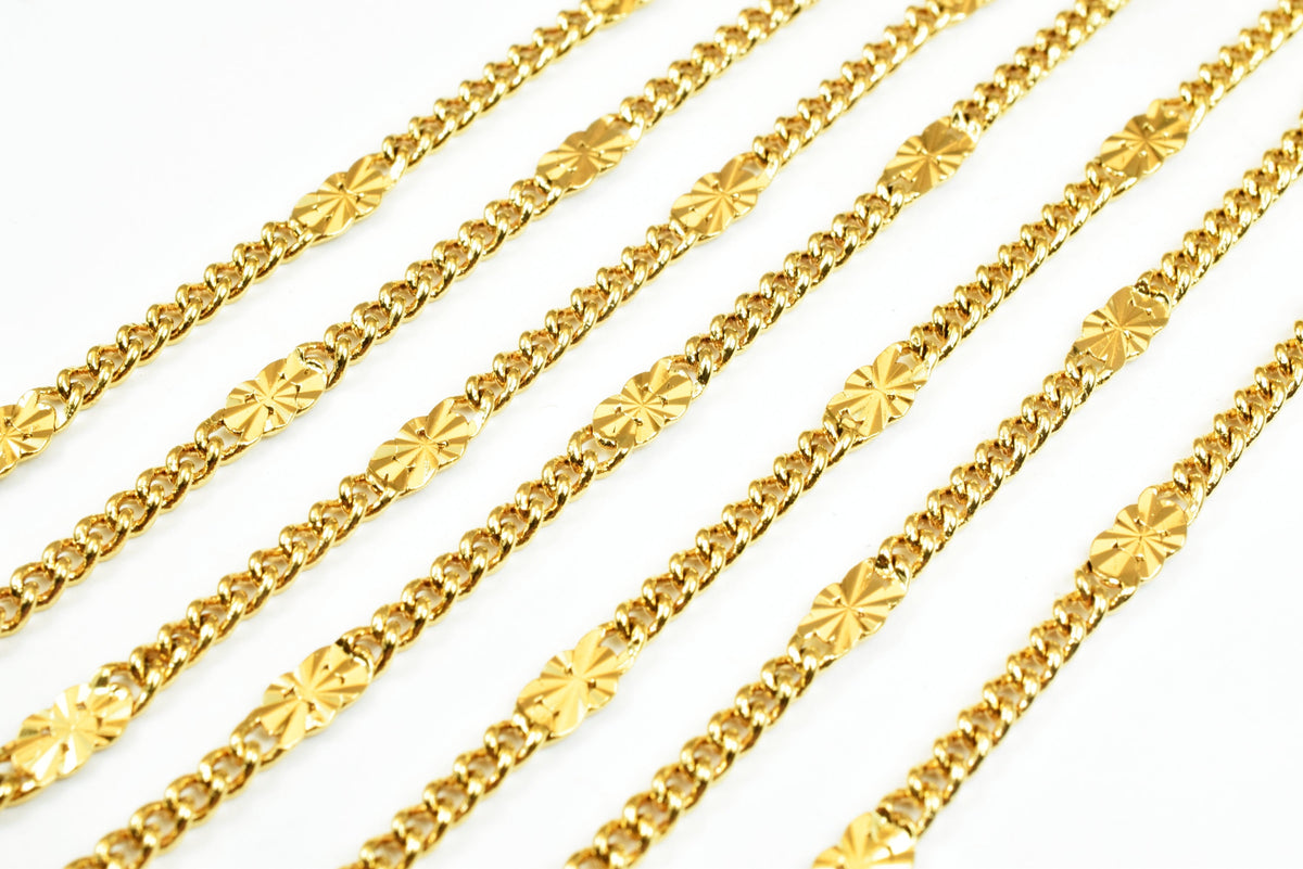 Bar Chain Electroplated Gold Cable Chain: 4mm Beaded Design, Tarnish Resistant | 18K Gold, Skin Friendly | Sold by Foot