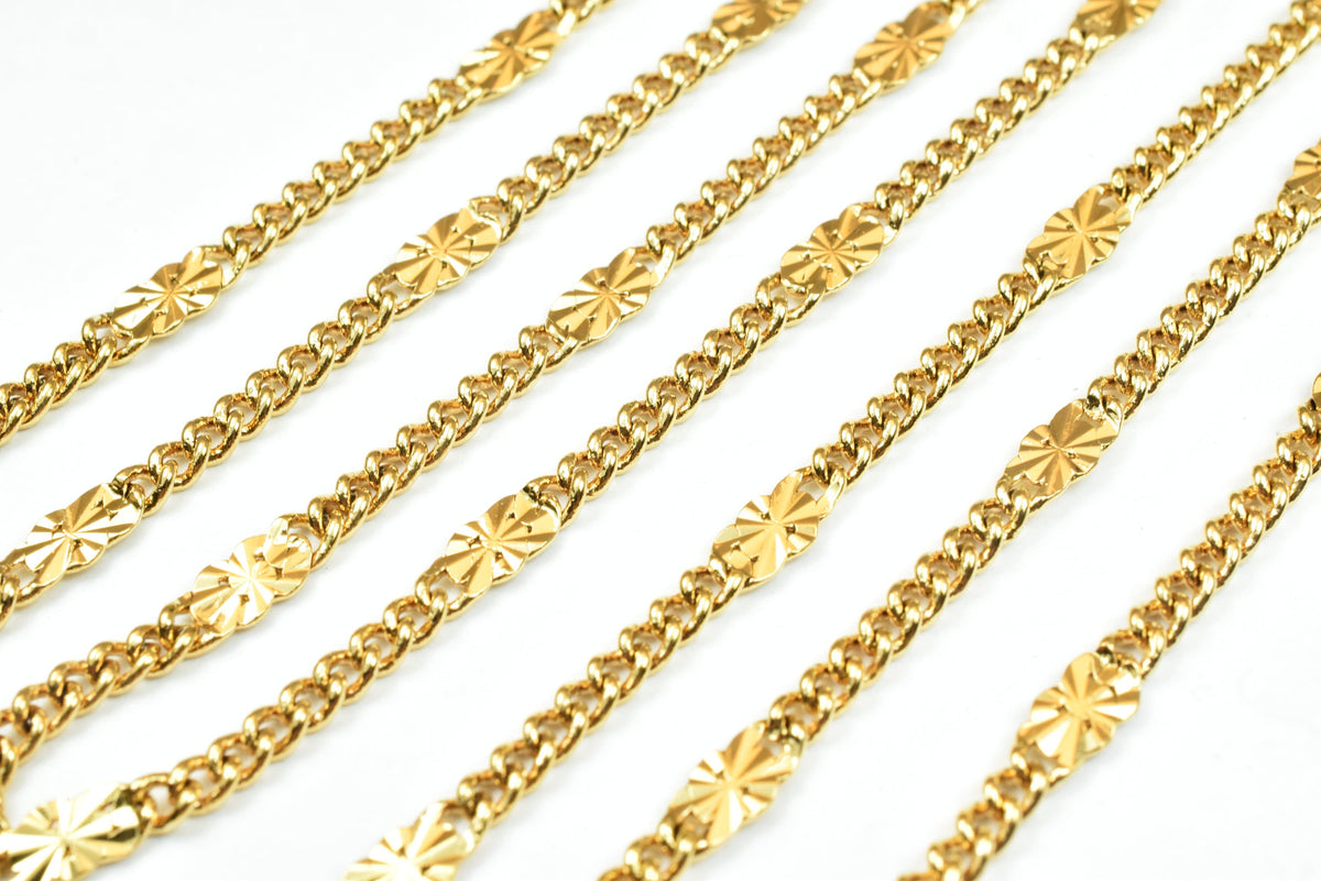 Bar Chain Electroplated Gold Cable Chain: 4mm Beaded Design, Tarnish Resistant | 18K Gold, Skin Friendly | Sold by Foot