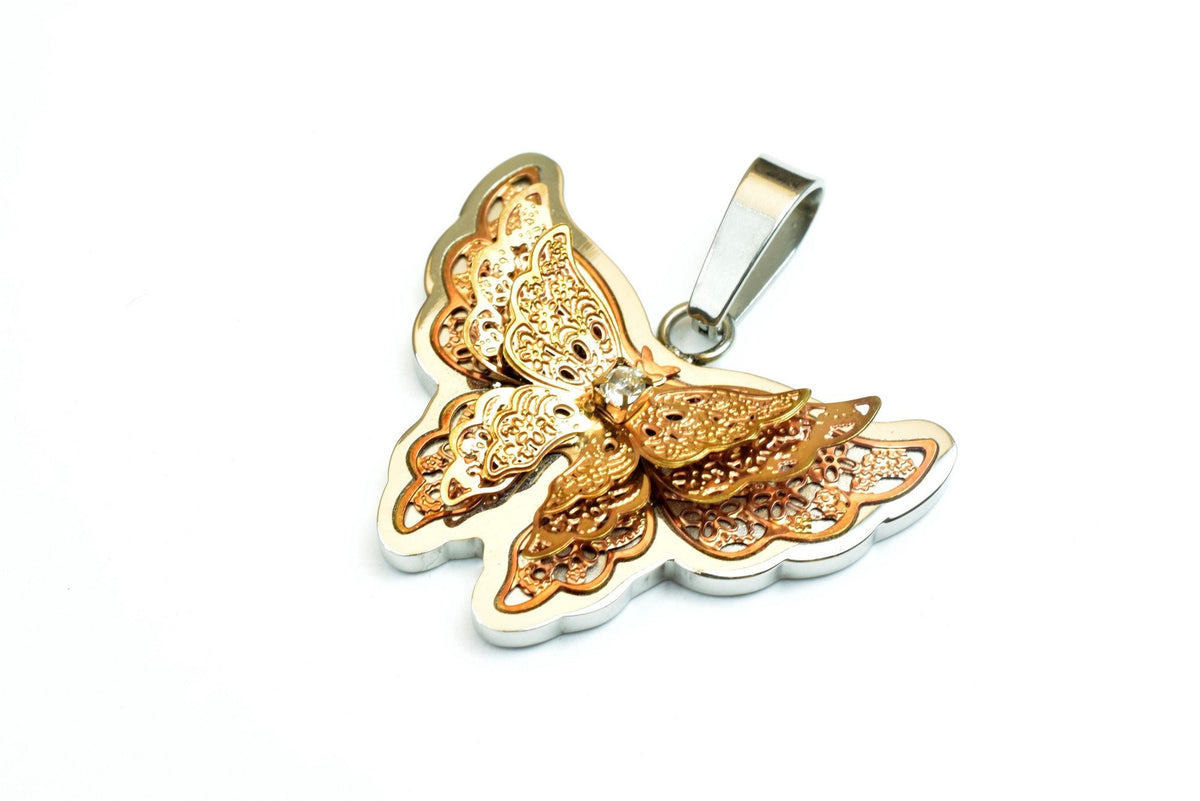 18K Gold Filled Butterfly Stainless Steel Pendant Or Rose Gold Filled With Rhinestone CZ Cubic Zirconia Size 28x36mm For J...