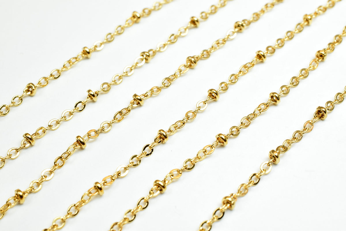 Satellite Chain Gold Filled 18K Electroplated: 2.2mm Roundel Beaded Cable, Copper Base | Skin Friendly, Wholesale by Foot