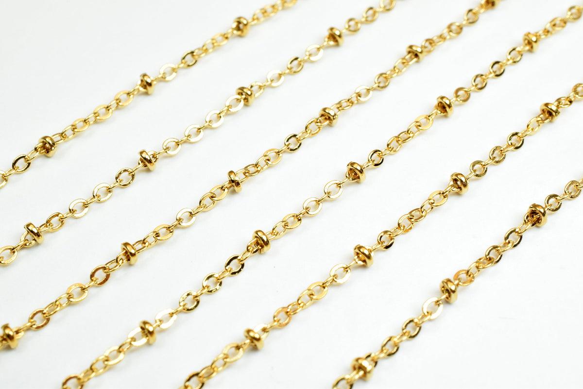 Satellite Chain Gold Filled 18K Electroplated: 2.2mm Roundel Beaded Cable, Copper Base | Skin Friendly, Wholesale by Foot