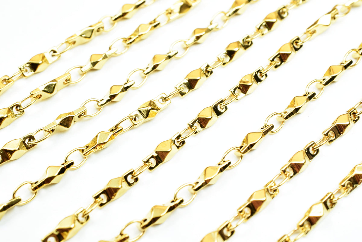 Gold Plated Tarnish Resistant Bar Chain - 18K Electroplated Finish, 2.5mm Width, Copper Metal, Ideal for Jewelry Crafting