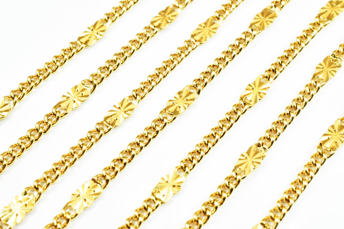 Bar Chain Electroplated Gold Cable Chain: 4mm Beaded Design, Tarnish Resistant | 18K Gold, Skin Friendly | Sold by Foot