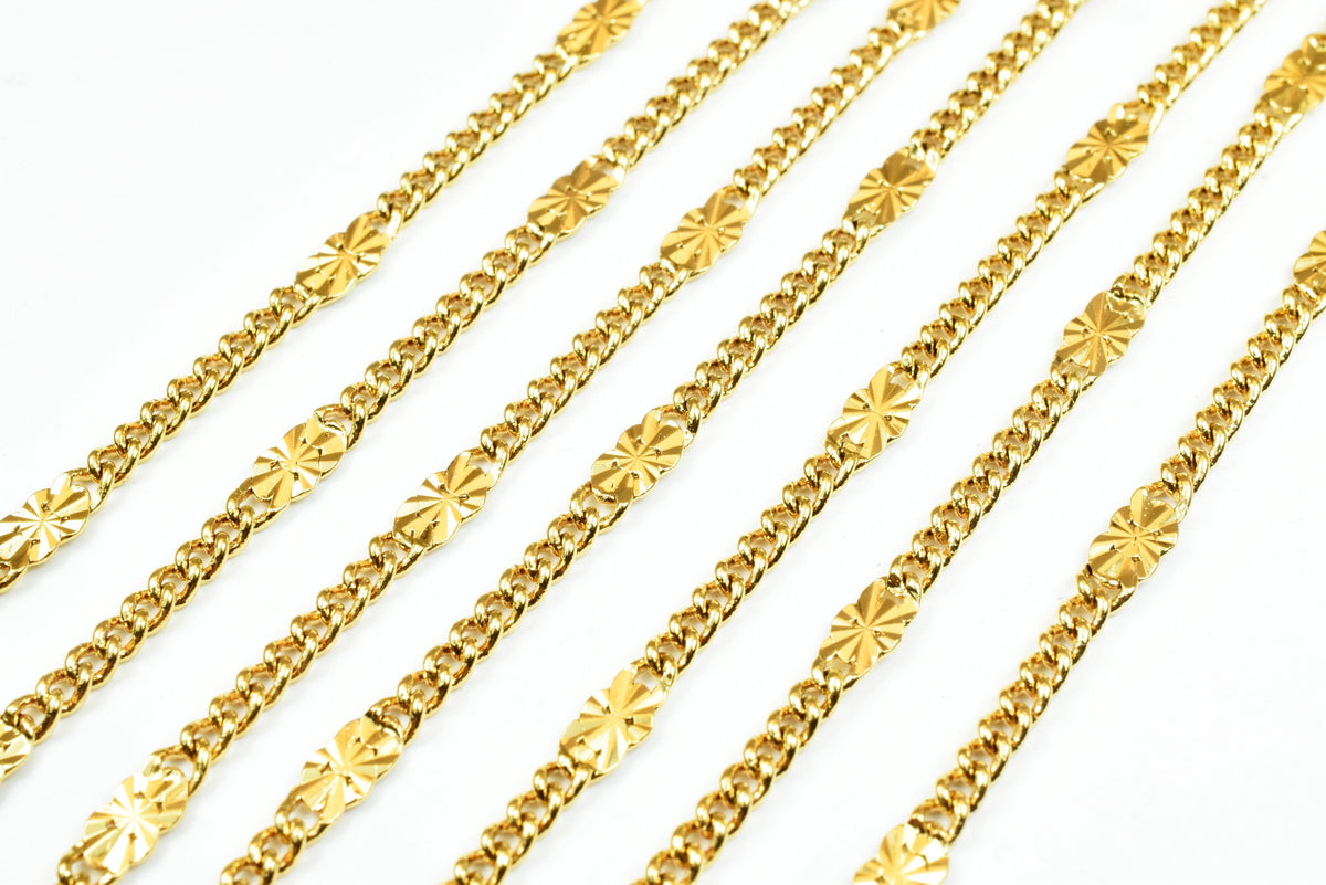 Bar Chain Electroplated Gold Cable Chain: 4mm Beaded Design, Tarnish Resistant | 18K Gold, Skin Friendly | Sold by Foot