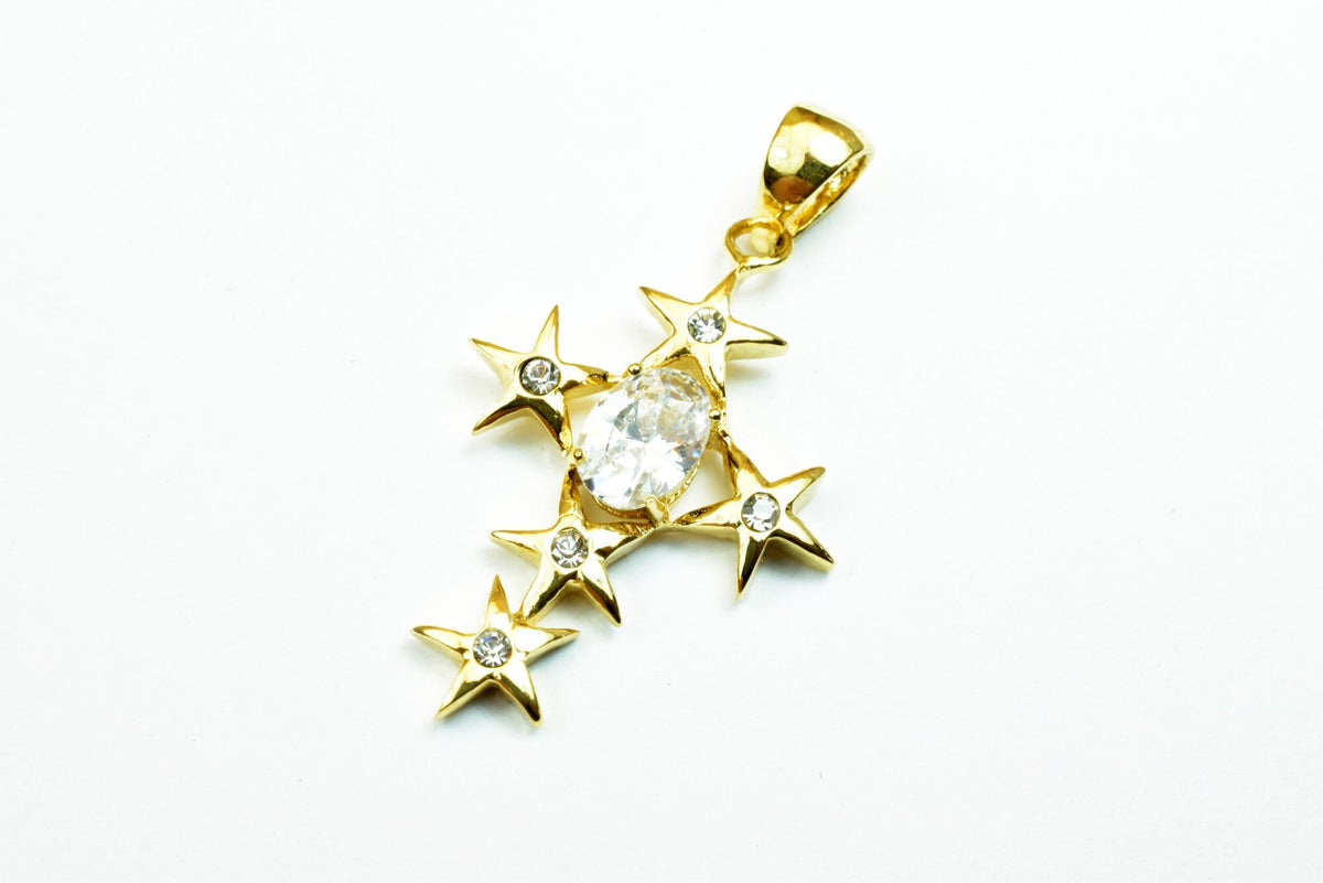 18K Gold Filled Cross Pendant With CZ Cubic Zirconia Stone Size 33x22mm Hand Made For Rosary, Christian Religious Charm Fo...