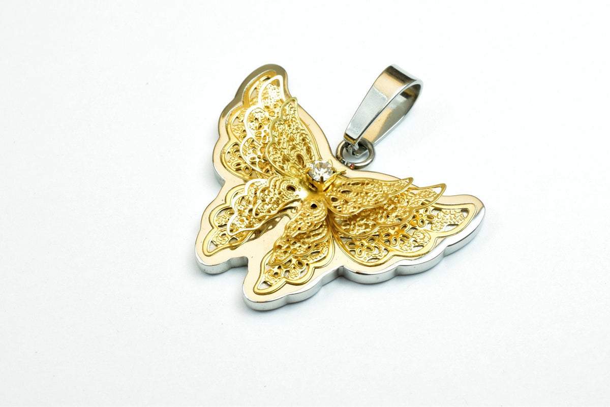 18K Gold Filled Butterfly Stainless Steel Pendant Or Rose Gold Filled With Rhinestone CZ Cubic Zirconia Size 28x36mm For J...