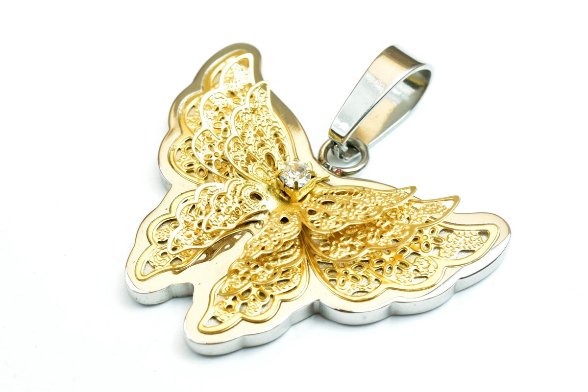 18K Gold Filled Butterfly Stainless Steel Pendant Or Rose Gold Filled With Rhinestone CZ Cubic Zirconia Size 28x36mm For J...