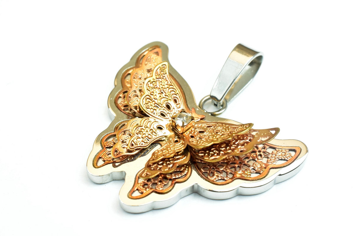 18K Gold Filled Butterfly Stainless Steel Pendant Or Rose Gold Filled With Rhinestone CZ Cubic Zirconia Size 28x36mm For J...