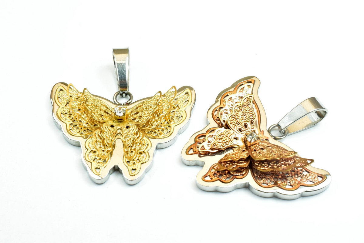 18K Gold Filled Butterfly Stainless Steel Pendant Or Rose Gold Filled With Rhinestone CZ Cubic Zirconia Size 28x36mm For J...