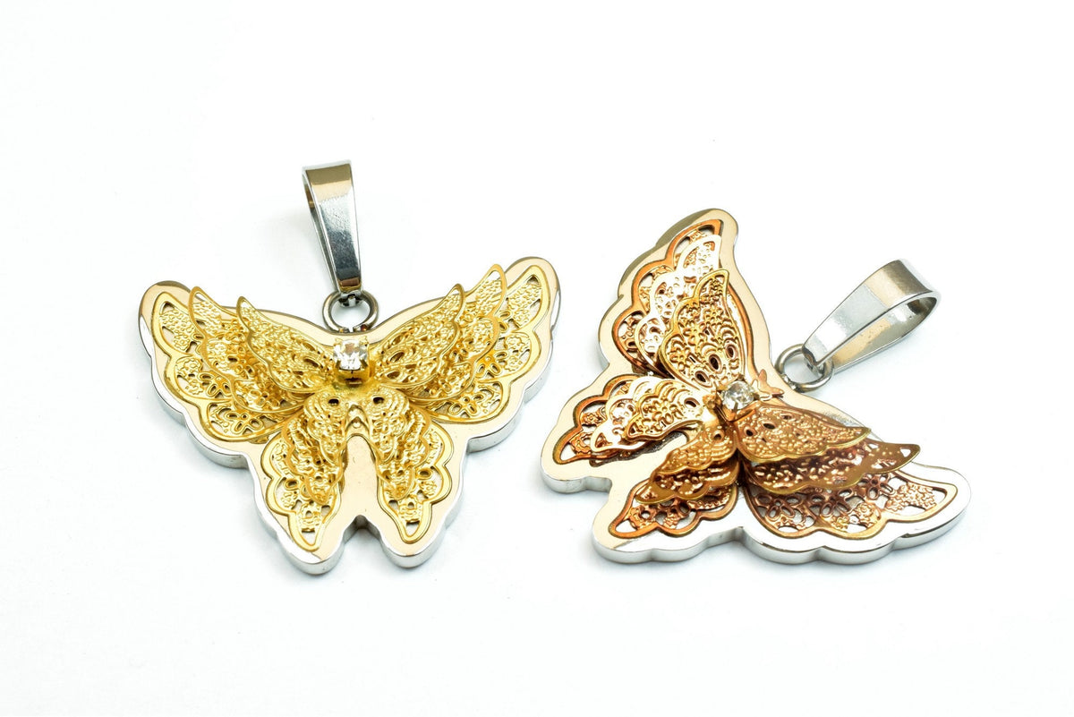 18K Gold Filled Butterfly Stainless Steel Pendant Or Rose Gold Filled With Rhinestone CZ Cubic Zirconia Size 28x36mm For J...