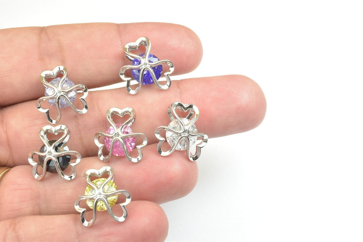 Heart Flower Charm Pendant: White Gold Filled Rhodium Plated Jewelry Accent (15mm, CZ Cubic Zirconia, Tarnish Resistant)