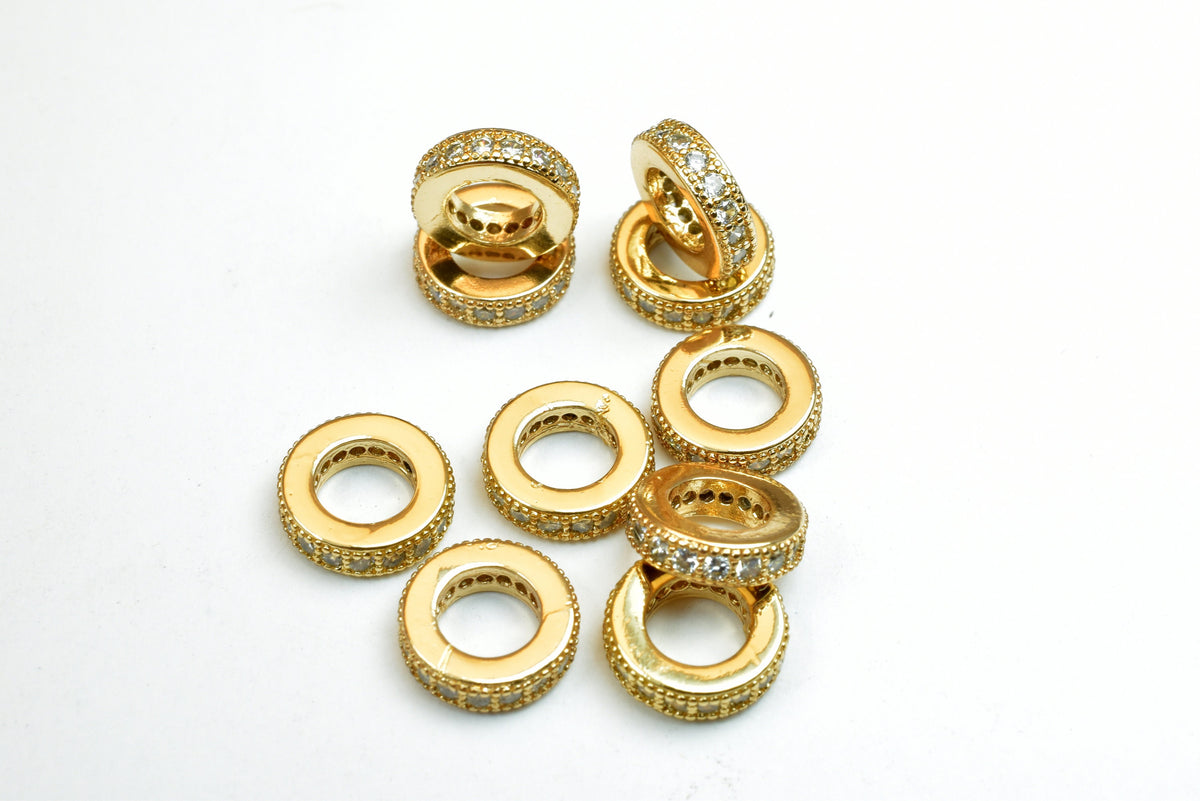 18k 8.5mm Roundel Gold Filled Micro Pave Beads with Clear CZ Cubic Zirconia  GFM09G A jewelry making supplies - detail ima...