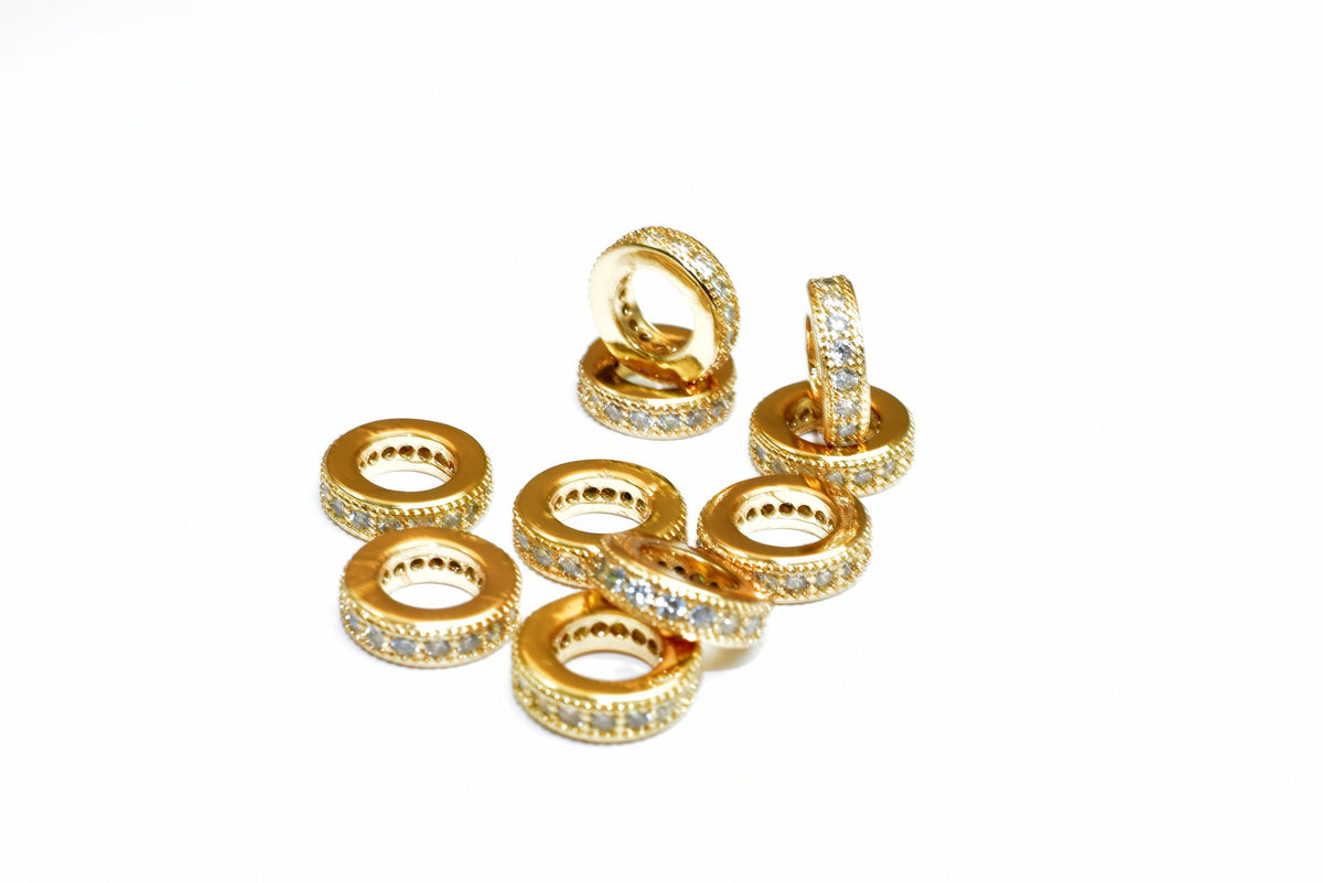 18k 8.5mm Roundel Gold Filled Micro Pave Beads with Clear CZ Cubic Zirconia  GFM09G A jewelry making supplies - detail ima...
